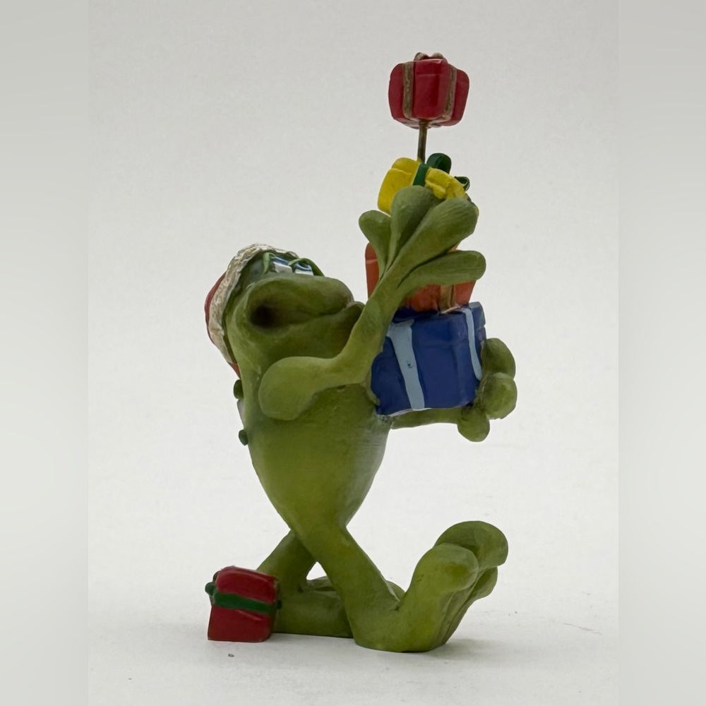 Russ Douglas Miniature 3” Green Frog Presents Figurine Christmas Signed Vintage